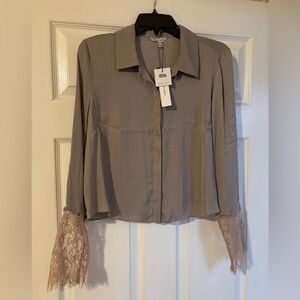 (NWT) Naked Zebra Taupe Blouse with Lace Sleeves